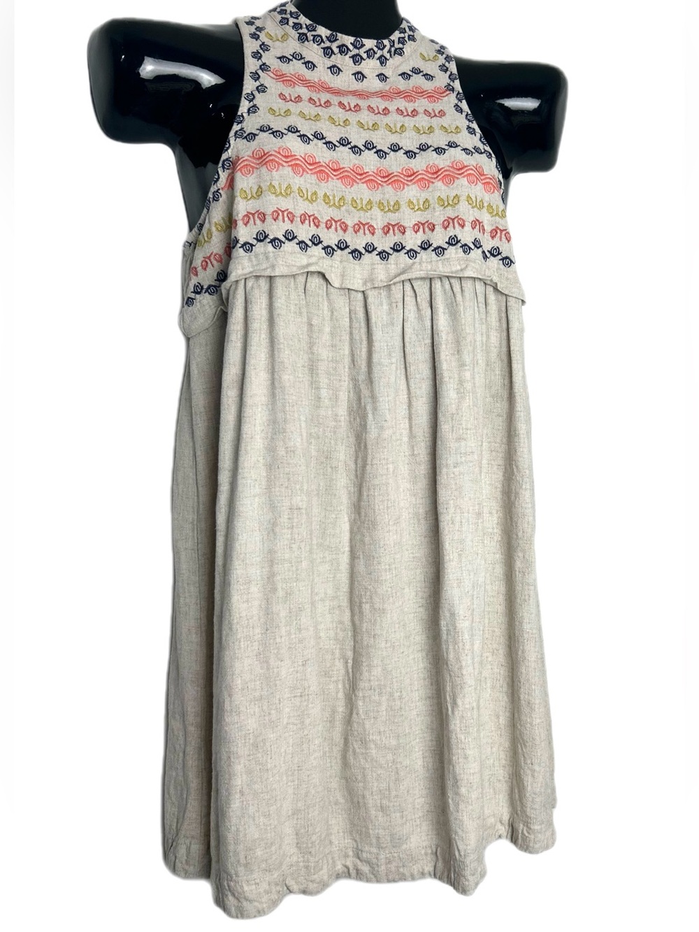 THML Natural Linen Blouse with Navy Embroidery